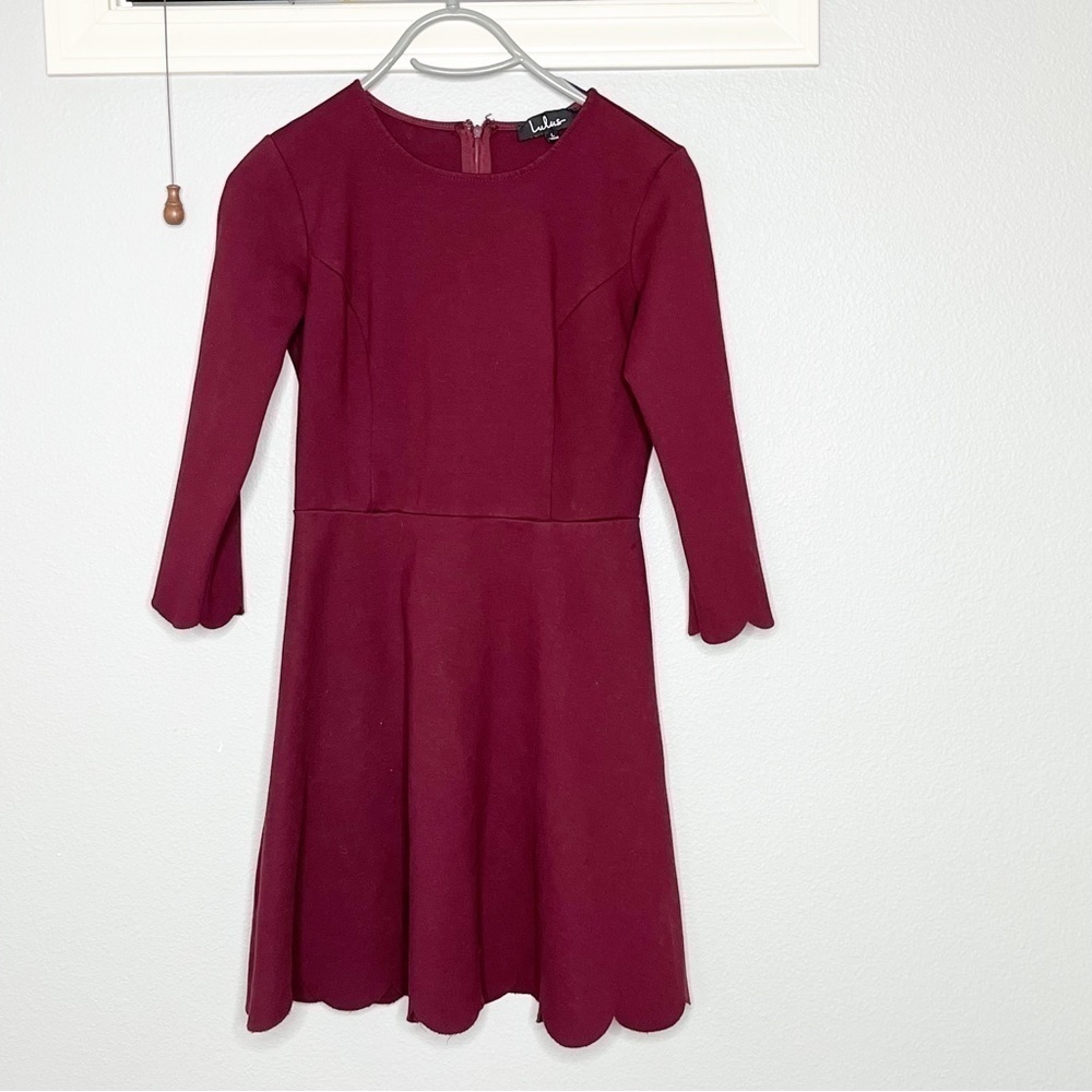 Lulus maroon scallop skater dress 3/4 sleeve Large